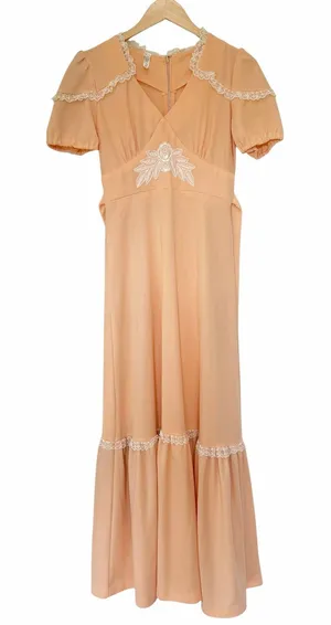 Vintage Peach Prairie Maxi Dress Lace Boho Cottagecore Sz S thumbnail 1