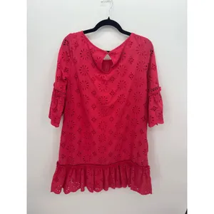 Anthropologie Pink‎ Eyelet Shift Dress Sz 8 Boho Ruffle Embroidered Feminine thumbnail 3