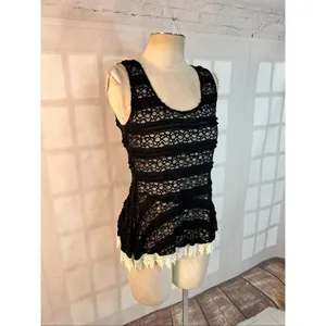 A’Reve Black Ivory Lace Crochet Trim Scoop Neck Peplum Tank Top Size Small thumbnail 2