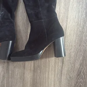 Free People Black Tall Boots Size 8 Leather Platform Square Toe Heeled thumbnail 6