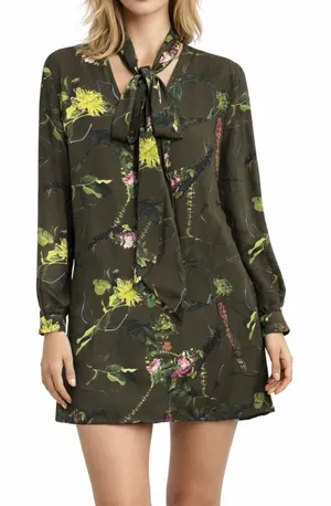 Babaton Tunic Mini Dress‎ S Green Floral Tie Neck Pockets Fairy Grunge Whimsy thumbnail 1