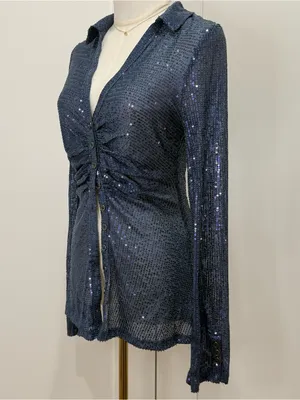 Free People Sequin Shirtee Small Varsity Navy Button Up Party Statement Holiday thumbnail 7