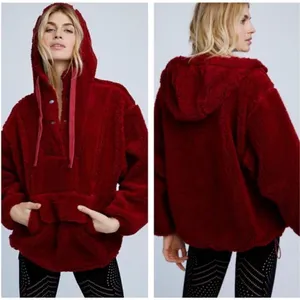 Free People Run My‎ Way Fleece Sherpa Jacket Oversized Plush Hoodie Maroon Small thumbnail 3