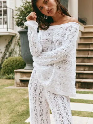 Off-Shoulder White Lace Knit Sweater sabo skirt sz 4 thumbnail 3