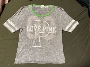 PINK Victoria's Secret Gray Short Sleeve Tee with Green Trim thumbnail 1