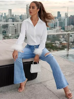 Shein Button Down Shirt with Feather Trim  thumbnail 2