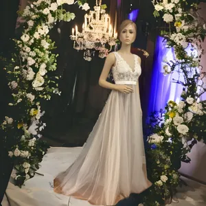 Hebeos wedding dress white lace‎ and tool over champagne sz 2 thumbnail 2