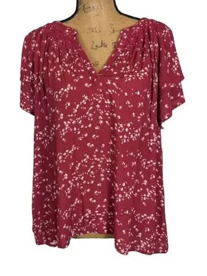 Garnet Hill Poetica Smocked Detail Crepe Blouse Red Floral Flutter Sleeve XL thumbnail 1