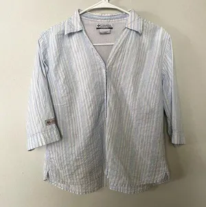 Columbia blue white striped 3/4 sleeve button down collared cotton nylon comfort thumbnail 1