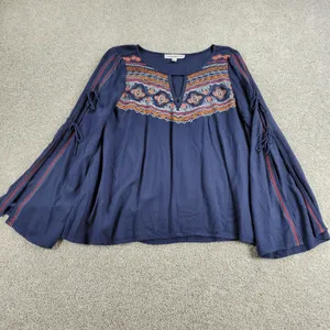 Abercrombie & Fitch Womens Boho Top M Blue Embroidery Tie Flowy Sleeves Keyhole thumbnail 2