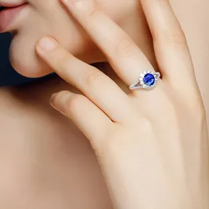18K White Gold Plated Adjustable Birthstone Blue Crystal Sapphire Ring for Women thumbnail 3