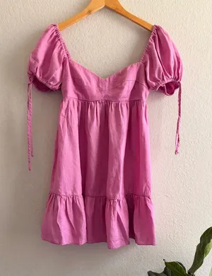 Olivaceous pink Smocked Puff Sleeve Babydoll mini Dress Women's M 100%linen thumbnail 1