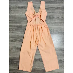 Cottagecore Peach‎ Sleeveless Wide Leg Jumpsuit XS Open Back Tie Pocketed Romper thumbnail 4