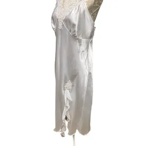 Vtg White Satin Lace Maxi Slip Dress L Bridal Nightgown Beaded Deadstock NWT thumbnail 4