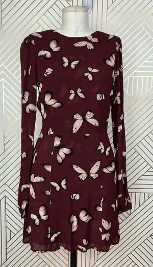 Reformation Butterfly Print Long Sleeve Mini Dress Maroon Red Size‎ 2 thumbnail 1