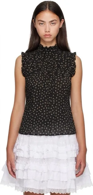 GANNI 2025 Polka Dot Print Mock Neck Smocked Ruffle Pleated Flowy blouse top XS thumbnail 1