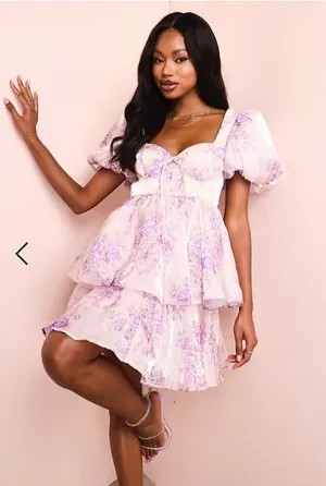 ASOS skater mini dress in purple & silver floral print thumbnail 1