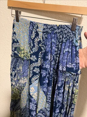 Angie Blue Patchwork Floral Wide‎ Leg Boho Pants Smocked Size Small thumbnail 11
