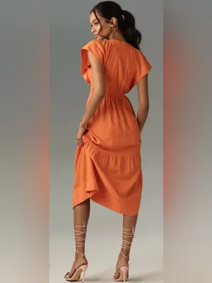 Reneé Flutter-Sleeve Linen Button-Front Midi Dress Pockets Orange Size Medium thumbnail 6