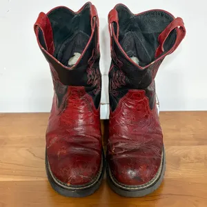 Roper Red Ostrich Print Black Leather Floral Embroidered Western Boots 8 530-200 thumbnail 3