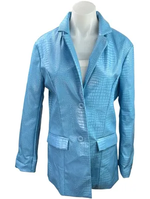 Princess Polly Womens Blue Faux Leather Croc Embossed Blazer Coat Jacket Size 4 thumbnail 1