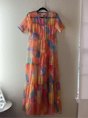 Sheer Multicolor Abstract Print Tiered Maxi Dress Short Sleeve Rainbow Medium thumbnail 5