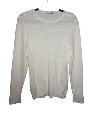 J.McLaughlin‎ Womens Ivory Ribbed Shoulder Button Cotton Modal Sweater Large thumbnail 1