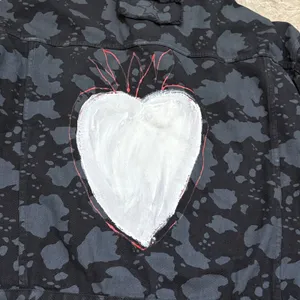 POL Denim Jacket Women LG‎ Black Camo Hand Painted Heart Graphic Streetwear Boho thumbnail 3