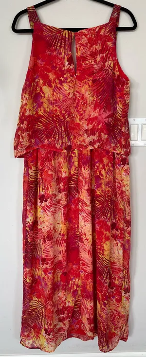 Enfocus Women Tropical-Print Maxi Dress Lined Dark Red Multi Size 16W thumbnail 2