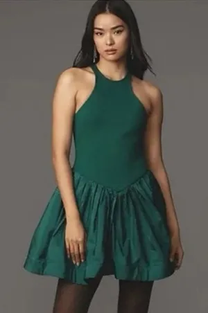 Maeve Size XL Halter Fit & Flare Mini Dress Green Holiday Taffeta Anthropologie thumbnail 1