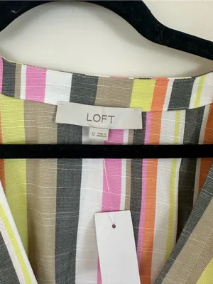 LOFT Multicolor Striped Button-Front V-Neck Dress Midi Length Size 12 NWT thumbnail 4