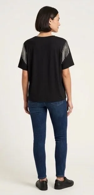 Joie Black Rhinestone Fringe Shoulder Cotton T-Shirt XL Short Sleeve Crop Top thumbnail 1