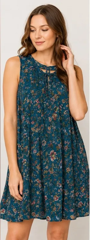 Umgee Teal Floral Sleeveless Boho Tunic Top Tie Neck Size M thumbnail 1