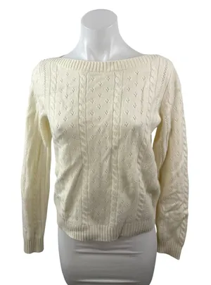 Aritzia Sunday Best Wool Cream Cable Knit Boat Neck Long Sleeve Sweater Top Sz S thumbnail 1