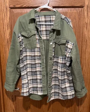 Olive Plaid Mixed-Media Shacket - Women thumbnail 1