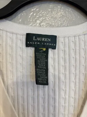 Lauren Ralph Lauren White Cable Knit Cardigan with Navy & Red Trim Preppy School thumbnail 2
