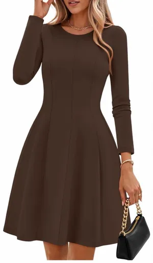 NEW Long Sleeve Crewneck Pleated A Line Career Travel Mini Dress M thumbnail 1