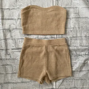 Women XS knit tube top and pull on shorts outfit tan thumbnail 1