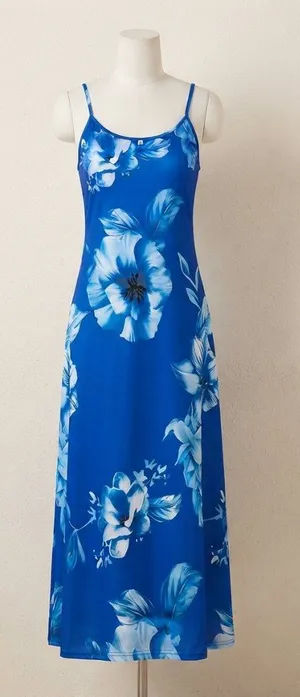 Y2K Royal Blue Floral Maxi Slip Dress Size Large 90s Whimsygoth Resort Wear thumbnail 1