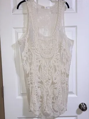 Simply Couture size large cream color sheer lace swimsuit coverup or dress thumbnail 1