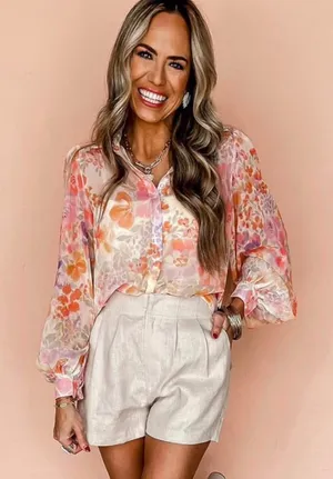 Sheer Button Down Floral Long Sleeve Blouse Pink Size XL thumbnail 1