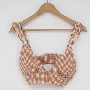 Aerie Tan Gingham Ruffle Triangle Bikini Top Medium Seersucker V-Neck Swim thumbnail 2