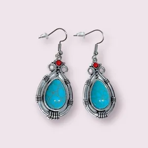 Faux turquoise & silver tone boho dangly earrings, teardrop shape, 1.5” NEW thumbnail 1