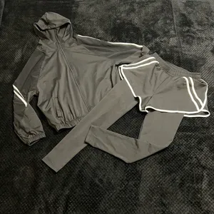 Two Pieces Set Tracksuit Bomber Jacket Sport Set Leggings Shorts Activewear Mesh thumbnail 6