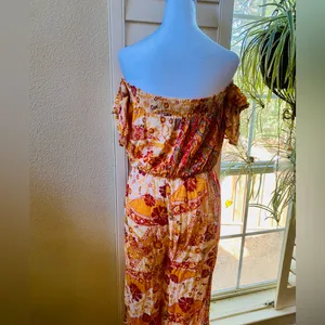 Free People Carmen Boho Floral Orange Jumpsuit Flowy size small thumbnail 11