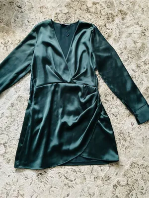 ZARA Emerald Green Satin Wrap-Style Long Sleeve Dress🌹 thumbnail 4