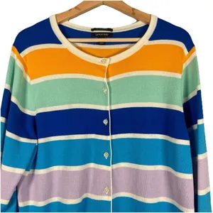Lands' End‎ Cardigan Women’s Size L TALL Purple Orange Striped Button Up Cotton thumbnail 2