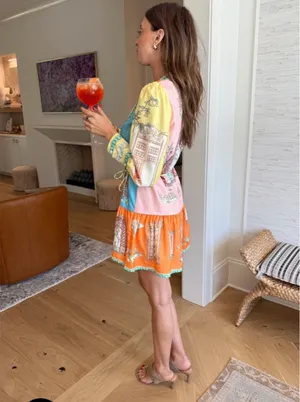 Vestique Vibrant Multicolor Printed Long Sleeve Mini Italian Villa Dress ✨ thumbnail 4