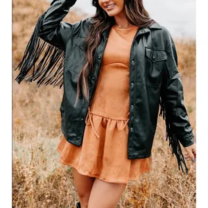 Oversized Fringe Black Button Front Faux Leather Coat Jacket Sz S Western Boho thumbnail 4