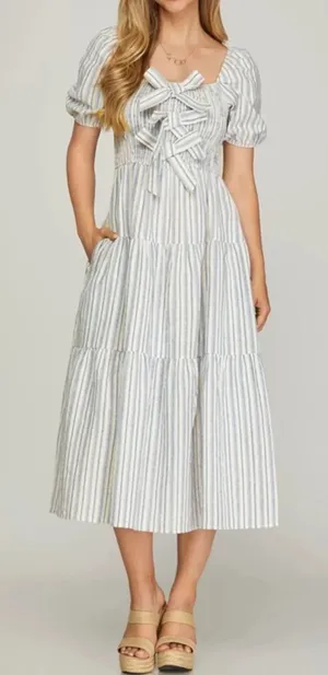 She & Sky NWT - Striped Tiered Maxi Dress with Front Bow Detail- sz Large thumbnail 1